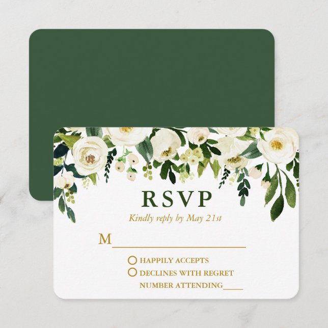 Cartons Réponse Aquarelle moderne Vert Floral Mariage or (Devant / Derrière)