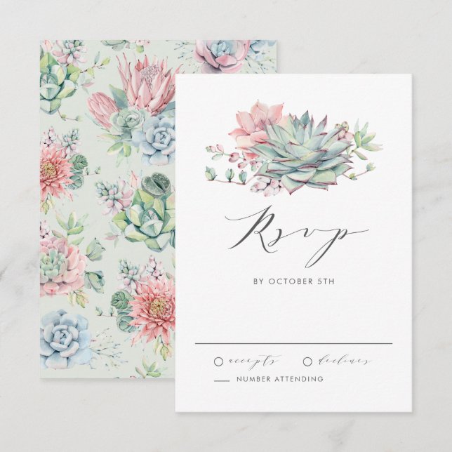 Cartons Réponse Aquarelle Pastel Succulents Bouquet Mariage (Devant / Derrière)