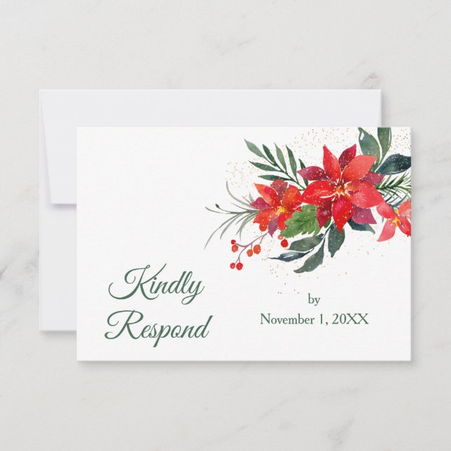 Cartons Réponse Aquarelle Poinsettia Mariage de Noël (Devant)