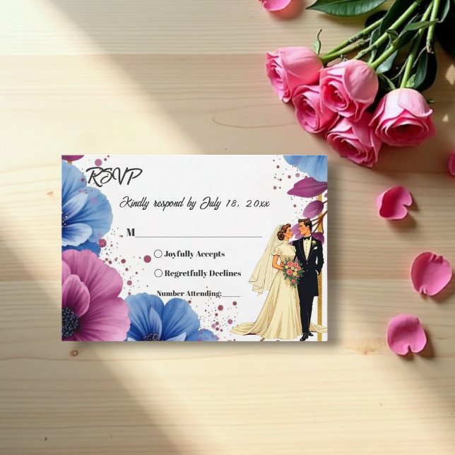 Cartons Réponse Aquarelle Purple Blue Flowers Mariage élégant (Créateur téléchargé)