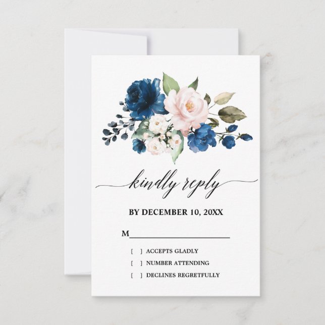 Cartons Réponse Aquarelle romantique Marine bleu Blush Rose Floral (Devant)