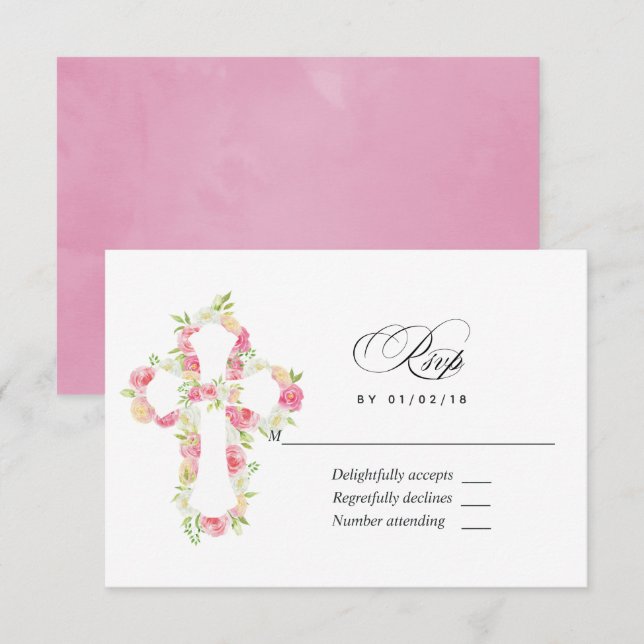 Cartons Réponse Aquarelle rose Baptême Floral ou Christening (Devant / Derrière)