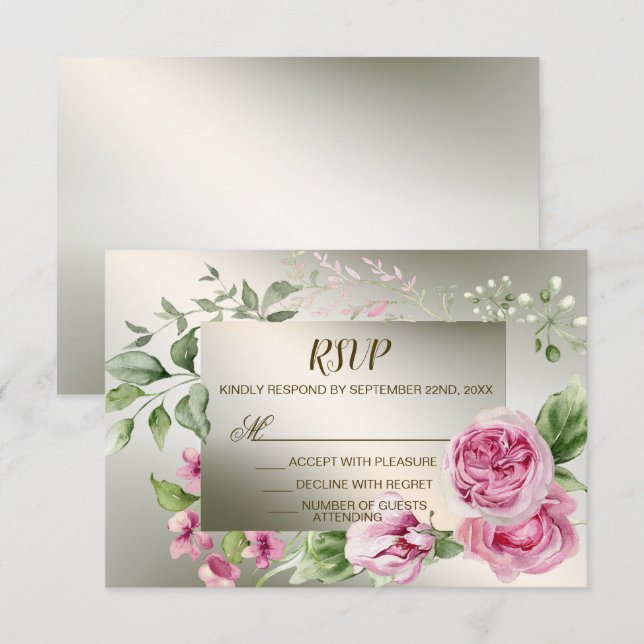 Cartons Réponse Aquarelle rose Floral Frame Bronze brillant (Devant / Derrière)