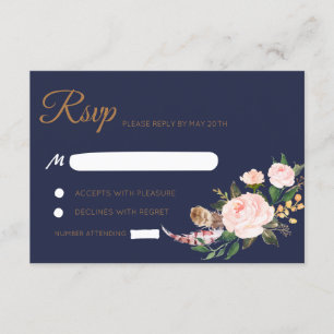 Cartons Réponse Aquarelle Rose Or Marine Bohème Floral Mariage RSV