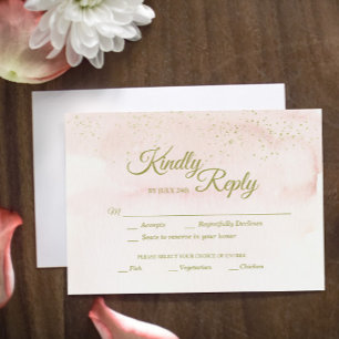 Cartons Réponse Aquarelle rose Or Type de repas Mariage Choix