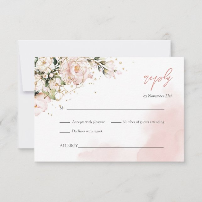 Cartons Réponse Aquarelle rose rose floral vert boho or (Devant)