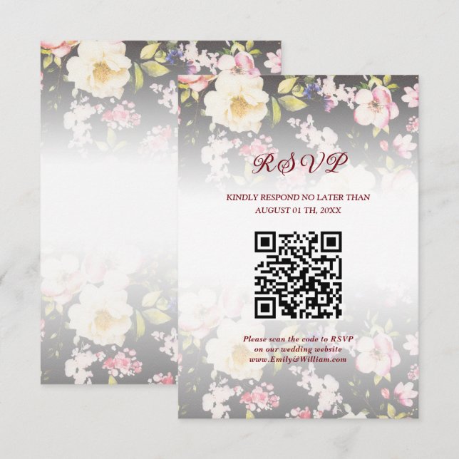 Cartons Réponse Aquarelle rose Roses jaunes, noir flou, Mariage (Devant / Derrière)
