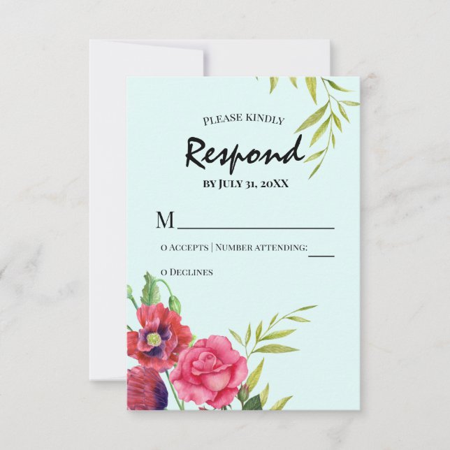 Cartons Réponse Aquarelle Rouge Poppies Rose rose Mariage (Devant)