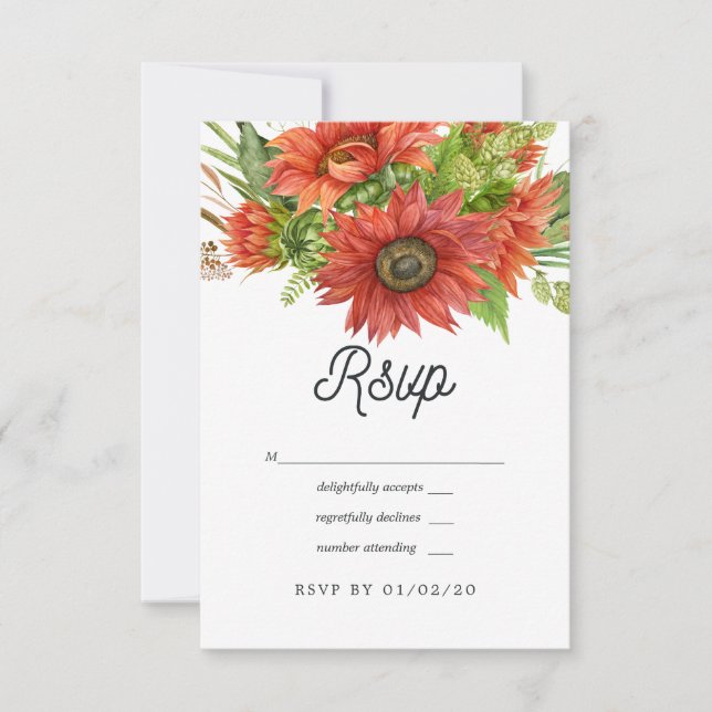 Cartons Réponse Aquarelle Russe Bohème Mariage de tournesols rouge (Devant)
