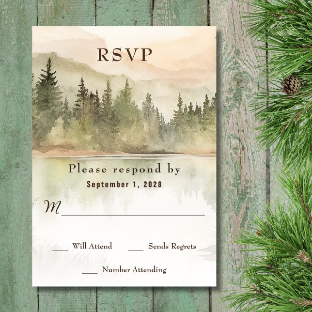 Cartons Réponse Aquarelle Rustic Mountain Lake Mariage forestier (Front - Watercolor Rustic Mountain Lake Forest Wedding RSVP Card)