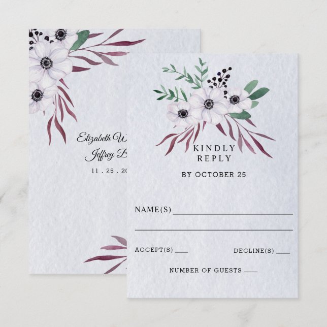 Cartons Réponse Aquarelle rustique Dusty Bleu Blanc Floral Mariage (Devant / Derrière)