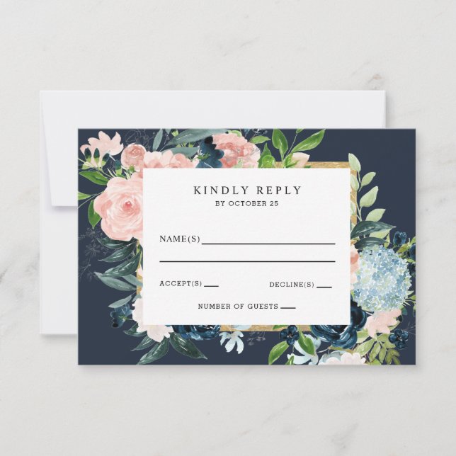 Cartons Réponse Aquarelle Rustique Marine Blush or Floral Mariage  (Devant)
