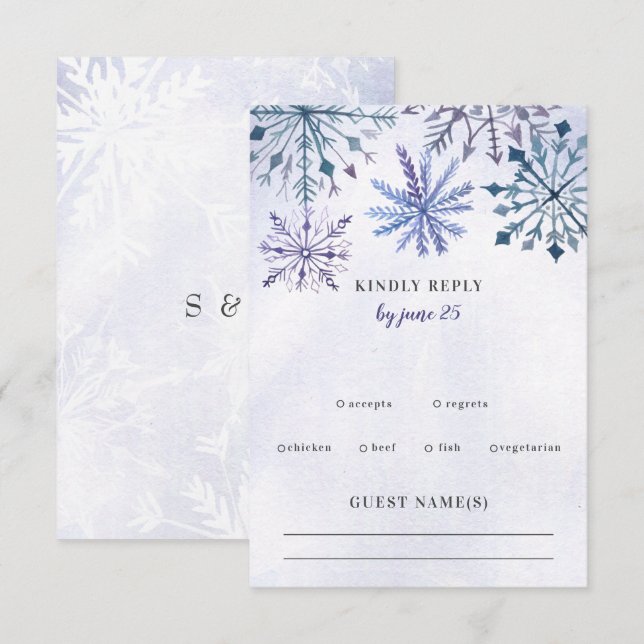 Cartons Réponse Aquarelle rustique Snowflakes Blue Winter Wedding (Devant / Derrière)