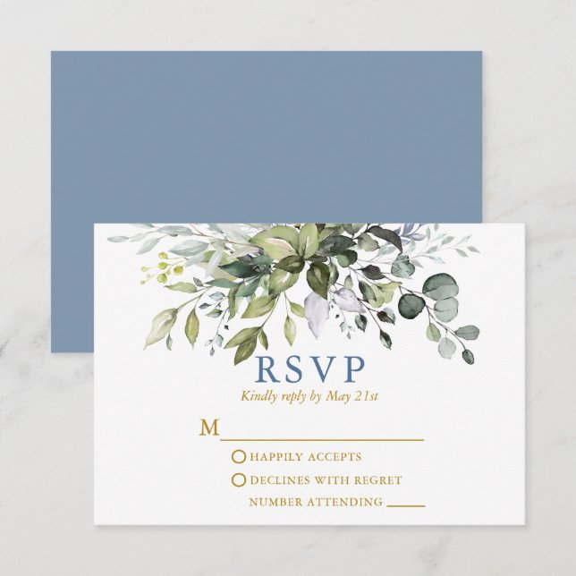 Cartons Réponse Aquarelle Verdure Dusty Blue Gold Mariage (Devant / Derrière)