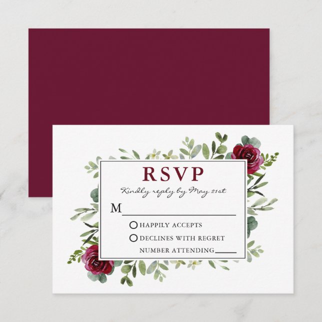 Cartons Réponse Aquarelle verte Bourgogne Rose Mariage (Devant / Derrière)