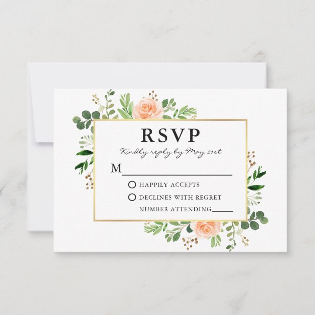 Cartons Réponse Aquarelle verte Pêcher Rose Mariage (Devant)