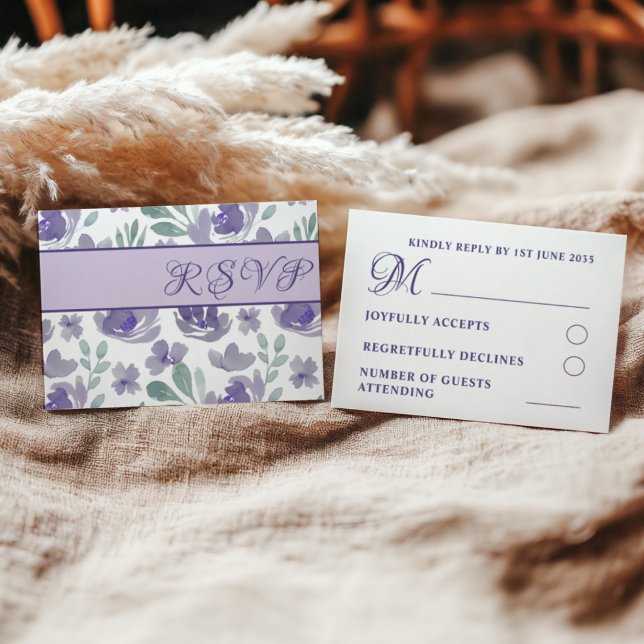 Cartons Réponse Aquarelle violet rustique Mariage floral (Créateur téléchargé)