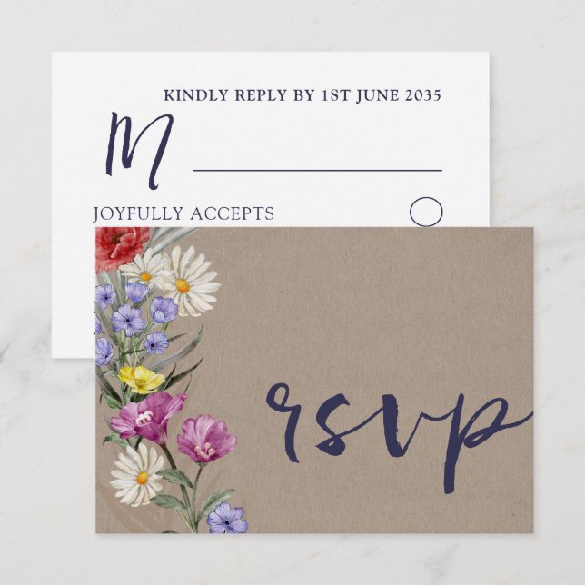 Cartons Réponse Aquarelle Whimsical Fleur Wild Mariage Kraft (Devant / Derrière)