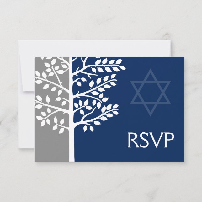 Cartons Réponse Arbre bleu gris de la marine Barre de vie Mitzvah  (Devant)
