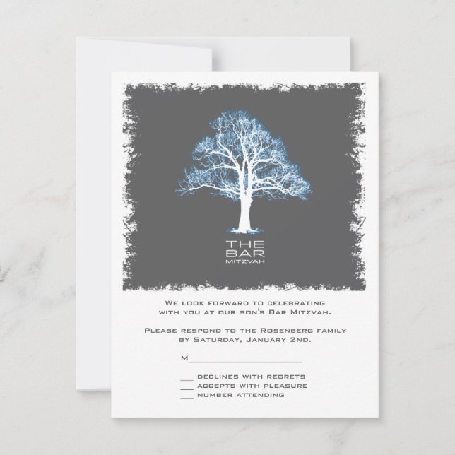 Cartons Réponse Arbre de vie Barre Mitzvah Reply Card, bleu et gri (Devant)