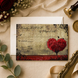 Cartons Réponse Arbre et oiseaux à coeur rouge rustique vintage