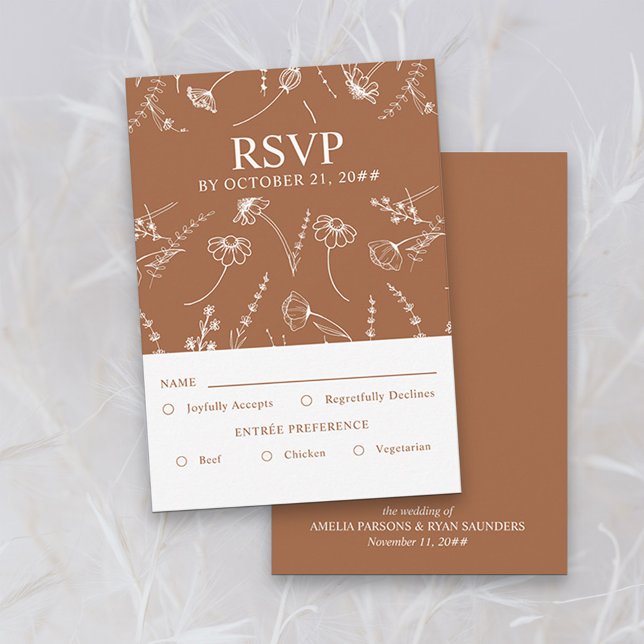 Cartons Réponse Arbre Mariage de croquis Fleur sauvage orange brûl (Response card with entree options in Terracotta Burnt Orange, from my Wildflower Sketch collection)