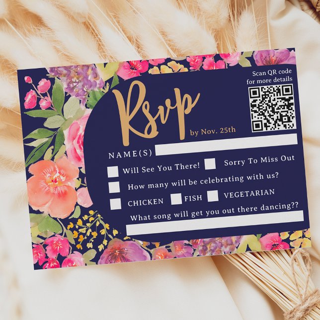Cartons Réponse Arche bohème floral brillant mariage marine (Bohemian bright floral arch script navy wedding RSVP card)