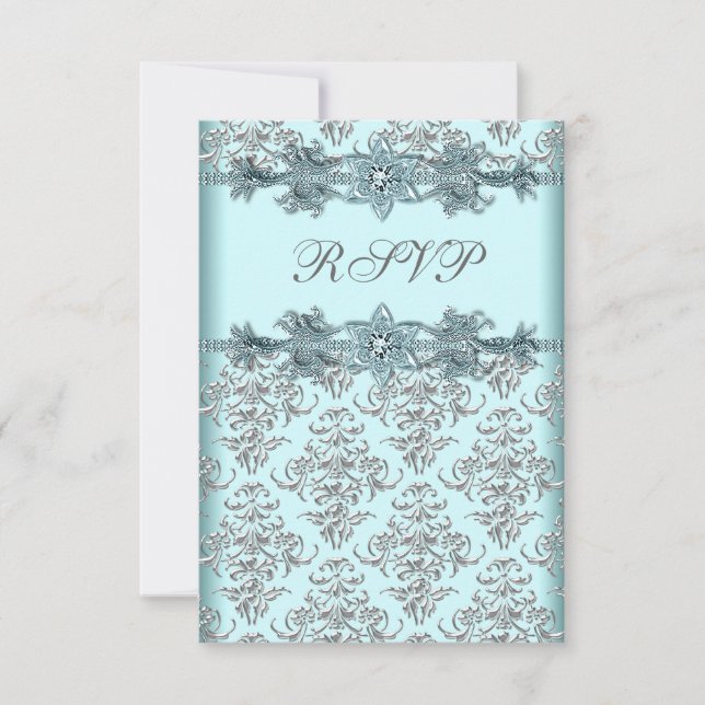 Cartons Réponse Argent Damas Turquoise bleu doux 16 Anniversaire R (Devant)