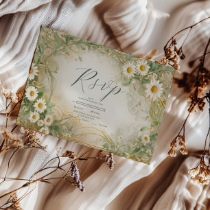 Cartons Réponse Art Nouveau Marguerites Ivoire Vert Mariage