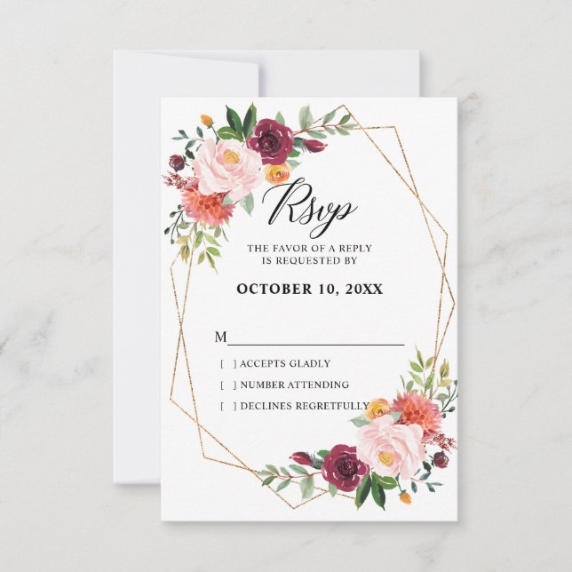 Cartons Réponse Automne Burgundy Blush Floral Mariage géométrique (Devant)