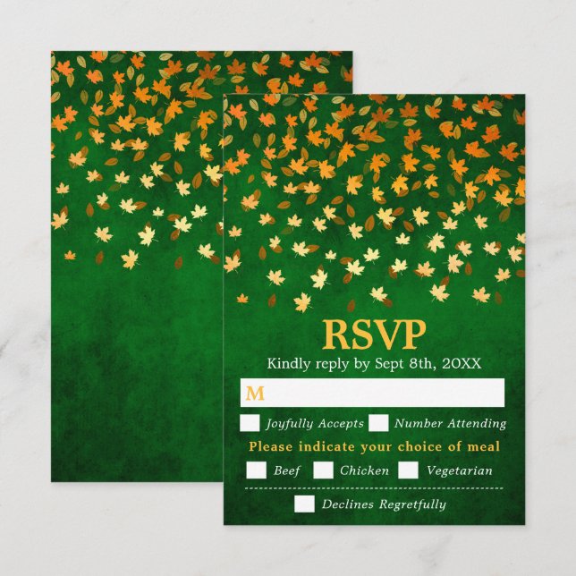 Cartons Réponse Automne Feuilles Green Grunge Mariage Repas Choix (Devant / Derrière)
