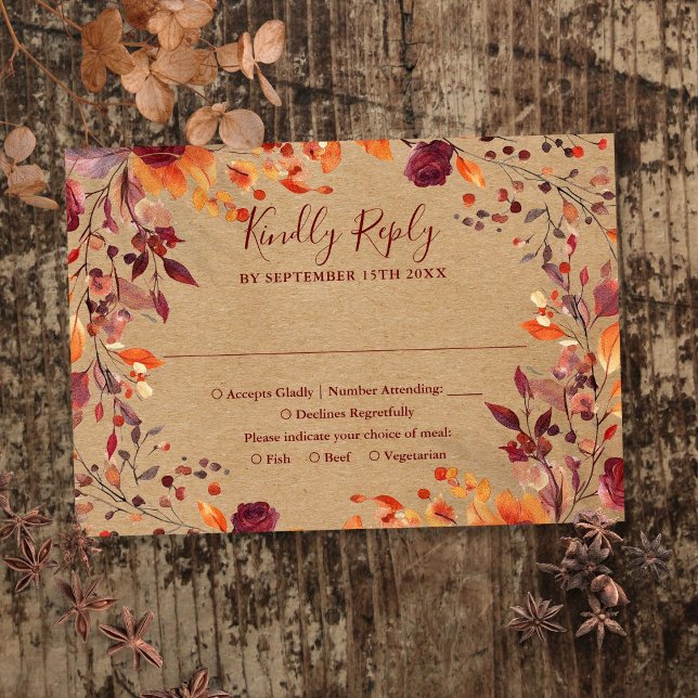 Cartons Réponse Automne Rustique Automne Feuilles Floral Mariage (Rustic Fall Autumn Leaves Floral Wedding RSVP Card)