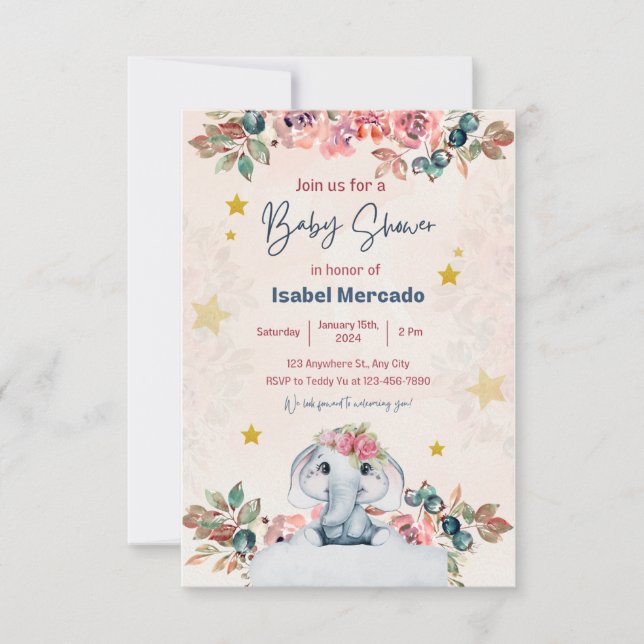 Cartons Réponse baby shower d'invitation, éléphant, rose, enfant (Devant)