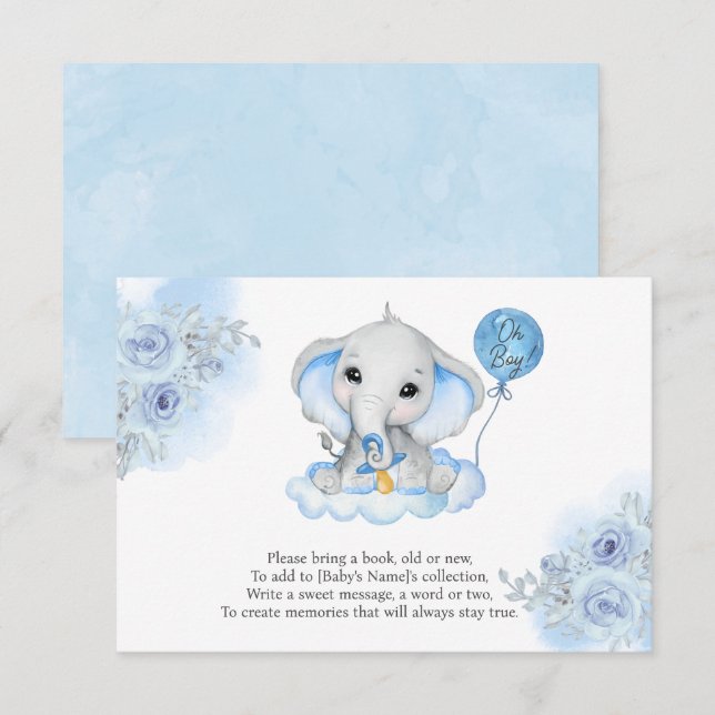 Cartons Réponse Baby shower floral d'aquarelle éléphant du garçon (Devant / Derrière)