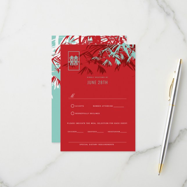 Cartons Réponse Bambou rouge et turquoise Feuille Mariage chinois  (Devant/Arrière en situation)