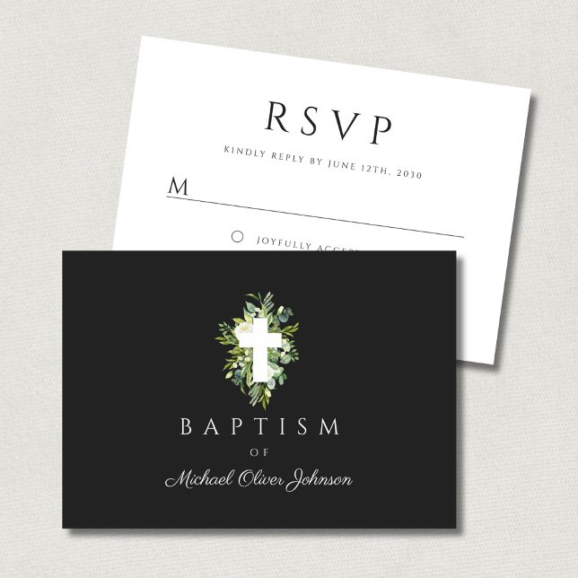 Cartons Réponse Baptême botanique religieux croisé vert (Religious Cross Green Botanical Baptism RSVP Card)