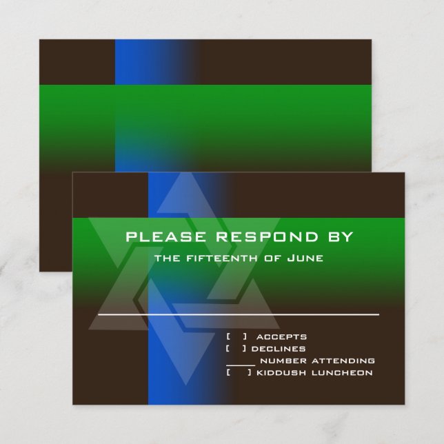 Cartons Réponse Bar Mitzvah Bleu et vert sur n'importe quelle coul (Devant / Derrière)