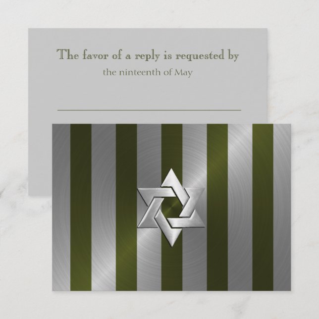 Cartons Réponse Barre Mitzvah Moss Green et Silver Stripe (Devant / Derrière)