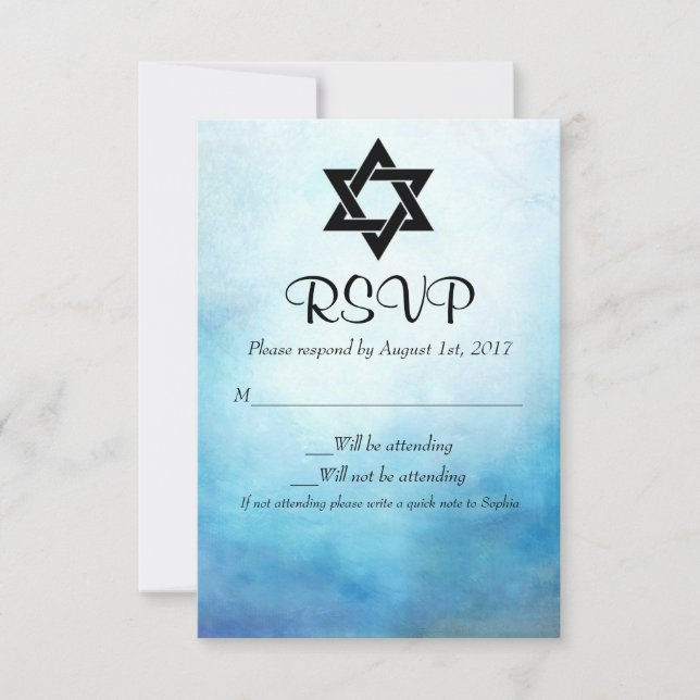 Cartons Réponse Bat mitzvah bleu RSVP, Aquarelle, Bat mitzvah (Devant)
