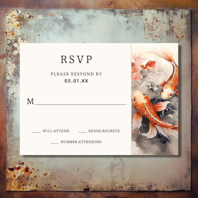 Cartons Réponse Beau japonais Koi Poisson orange Beige Mariage (Front - Beautiful Japanese Koi Fish Orange Beige Wedding RSVP Card)