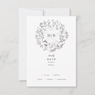 Cartons Réponse Beau Monogramme Floral Mariage de couronne dessiné