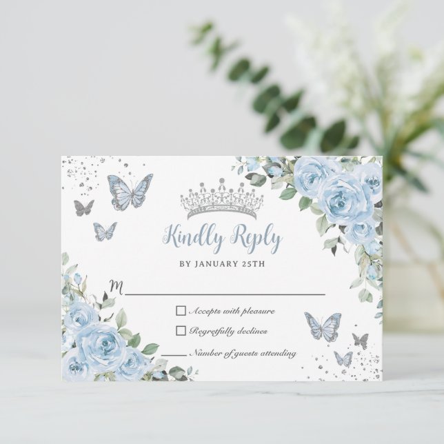 Cartons Réponse Bébé Blue Floral Papillons Silver Quinceañera (Debout devant)