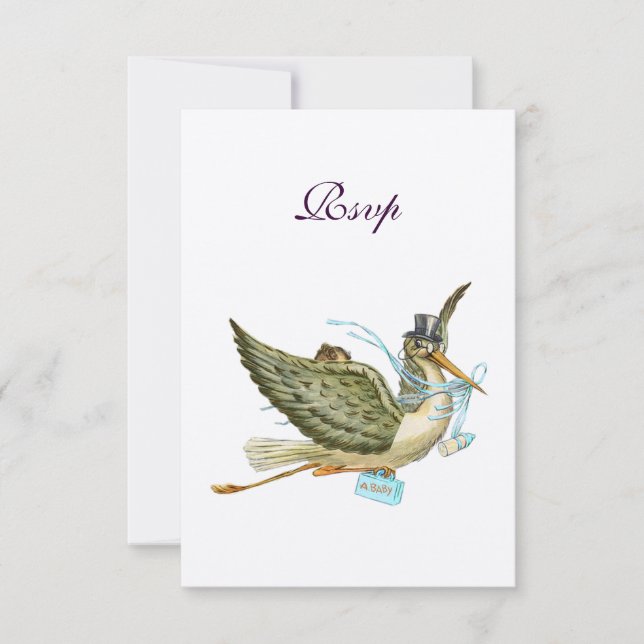 Cartons Réponse BÉBÉ DE STORK DOUCHE GARÇON, RSVP, Champagne Metal (Devant)
