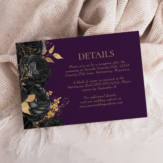 Cartons Réponse Black Gold Floral Purple Détails du Mariage (Créateur téléchargé)