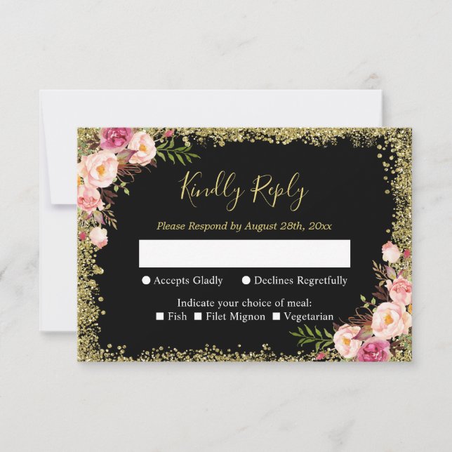 Cartons Réponse Black Gold Parties scintillant rose Floral Wedding (Devant)