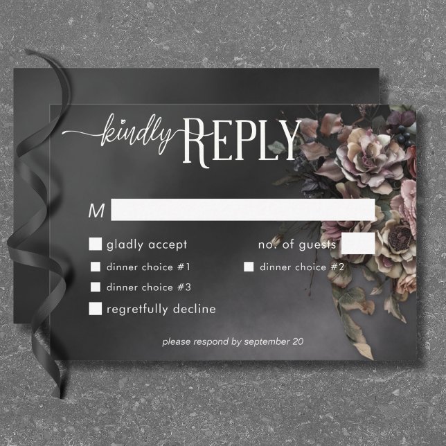 Cartons Réponse Black Moody Gothic Flowers & Dîner Mist (Black Moody Gothic Flowers & Mist Dinner RSVP Card)