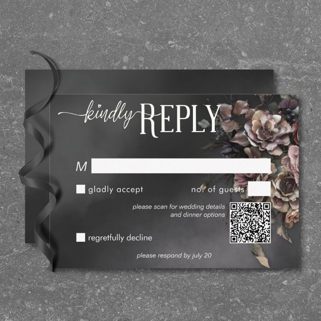 Cartons Réponse Black Moody Gothic Flowers & Mist QR Code (Black Moody Gothic Flowers & Mist QR Code RSVP Card)