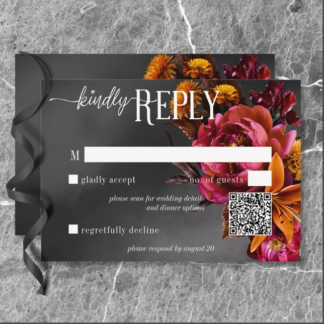 Cartons Réponse Black Moody Gothique Orange Lily Mariage QR Code (Black Moody Gothic Orange Lily Wedding QR Code RSVP Card)