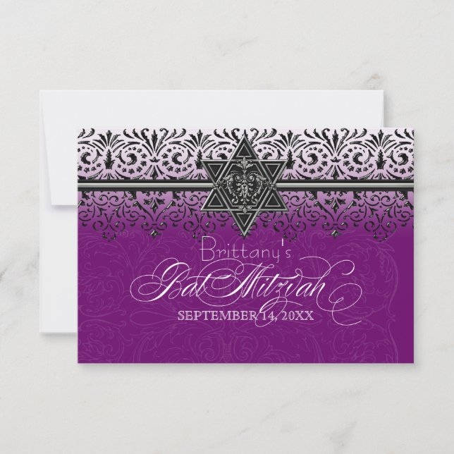 Cartons Réponse Black n White dentelle look Bat mitzvah argent Inv (Devant)