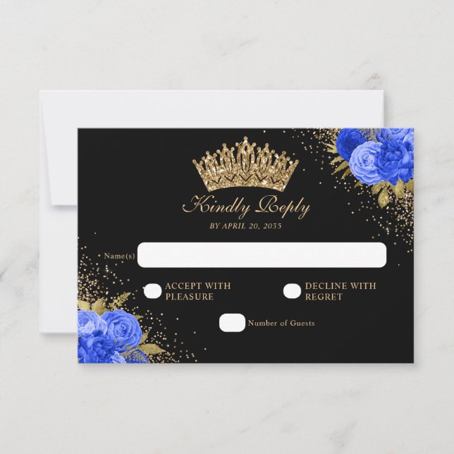 Cartons Réponse Black Navy Blue Gold Parties scintillant Floral Qu (Devant)